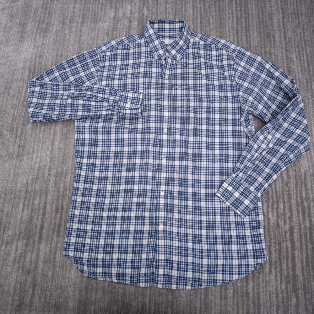 Peter Millar Button Down Shirt Mens M Blue Plaid Cotton Linen Long Sleeve